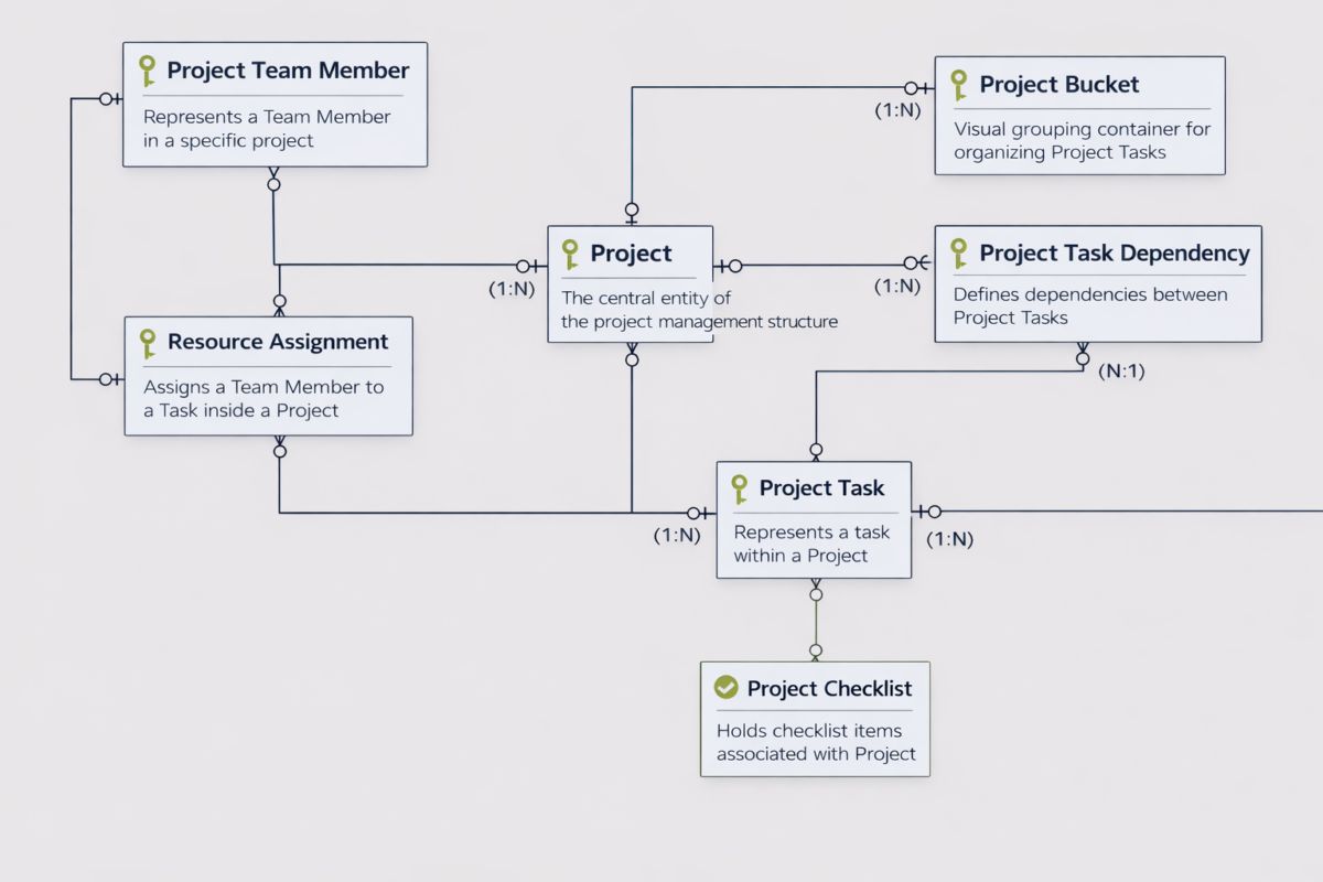 Entity relationship diagram for the Project Operations planning data model: Project, Project Tasks, Task Dependencies, Project Team Members, Resource Assignments, Project Buckets, and Checklist items.