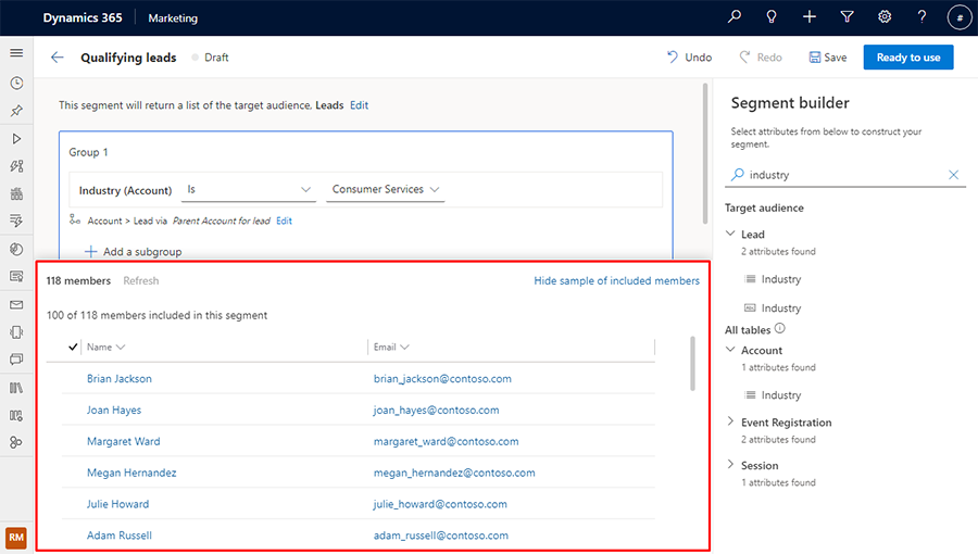 Dynamics 365 Customer Insights – Journeys segment builder with a sample of included members