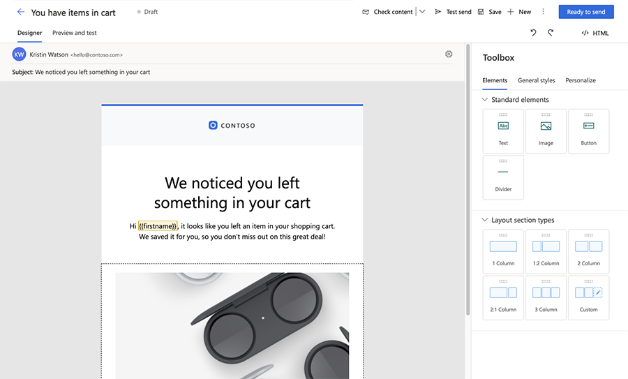 Dynamics 365 Customer Insights – Journeys email editor with personalised dynamic text