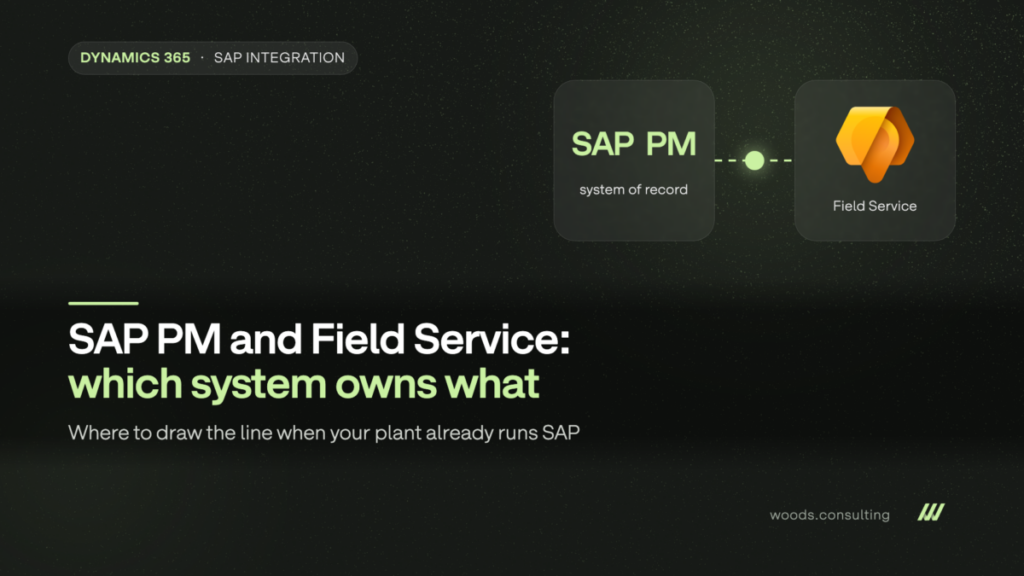 Diagram showing SAP PM as system of record connected to Dynamics 365 Field Service