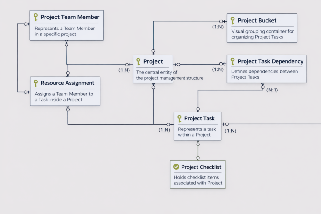Entity relationship diagram of the Project Operations planning tables: project, bucket, task, dependency, team member, resource assignment and checklist