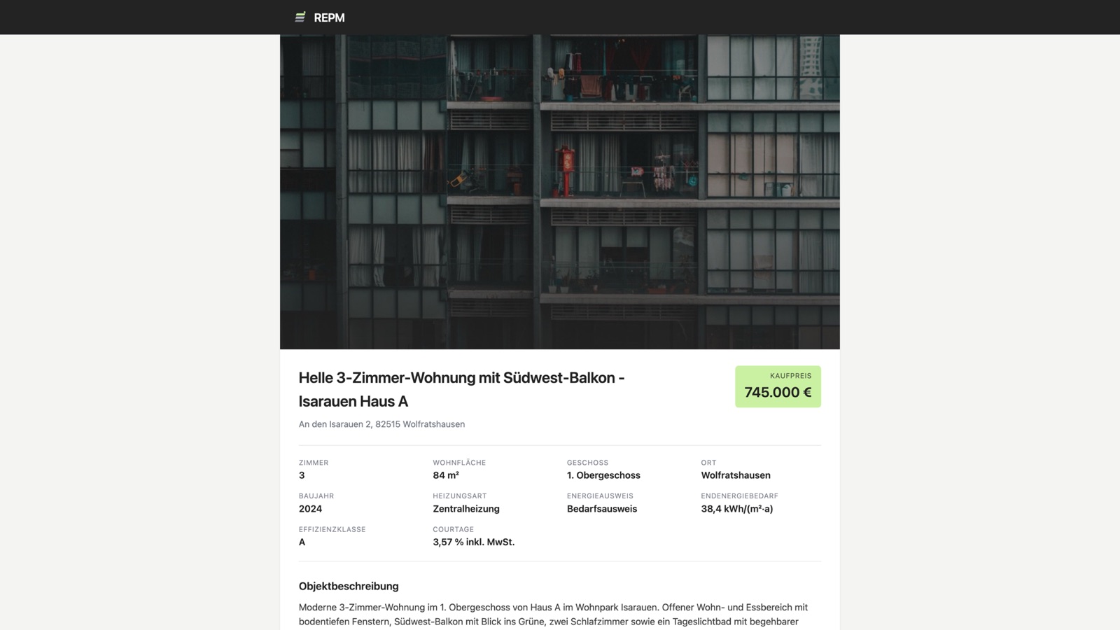 Personal REPM web expose for a prospect with price, facts and photos